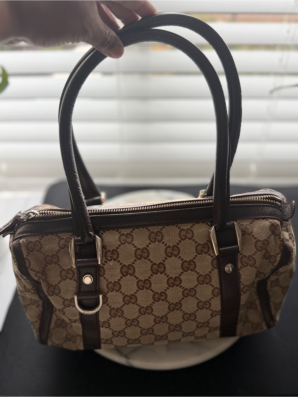 Vintage Gucci GG Monogram Canvas Brown Leather Boston Handbag